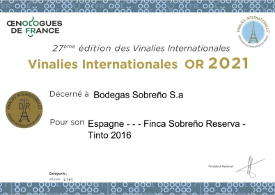 Bodegas Sobreño recibe un nuevo reconocimiento internacional en el Concours Vinalies Internationales